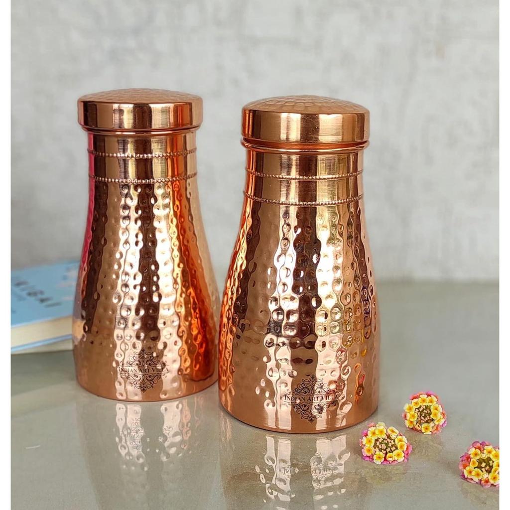Pure Copper Bedroom Water Bottle with Inbuilt Glass, Hammered Shine Design, Drinkware and Storage Purpose, 1 Litre (Pack of 2)