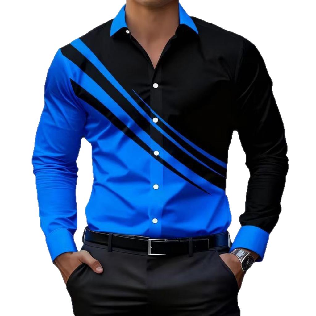 Herren Langarmhemden, Business Casual Hemden, Herren Revers Knopf Farbblock Knopf Hemden