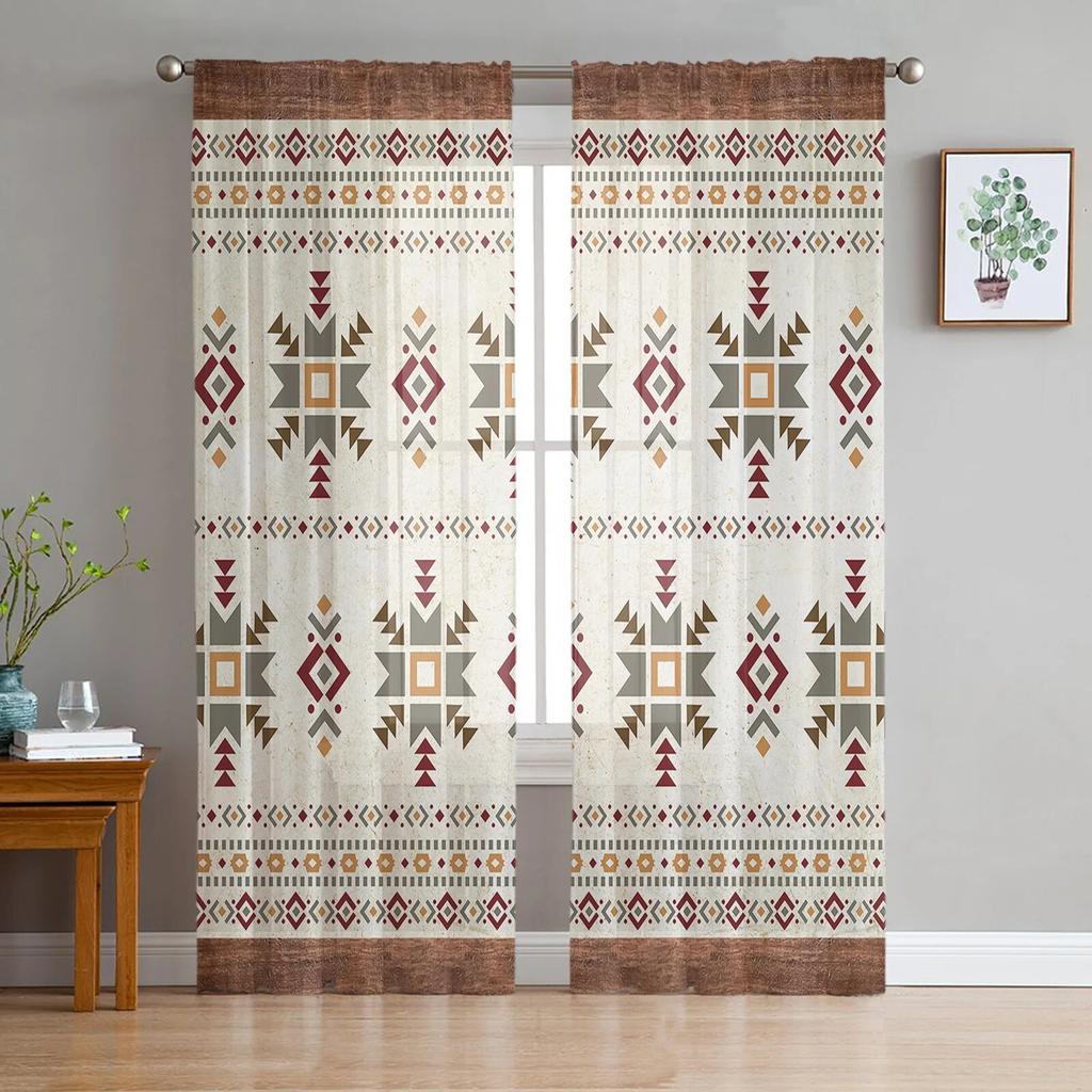 Southwest American Tribal Totem Boho Sheer Curtains Transparent Window Voile Tulle for Bedroom Holiday Decoration