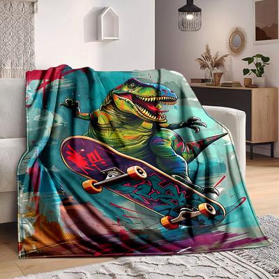 1 stuks DinoSkateboard Deken, Lichtgewicht Flanellen Plaid voor Bank, Bed, Reizen, Kamperen, Woonkamer, Kantoor, Bank, Stoel, En Bed