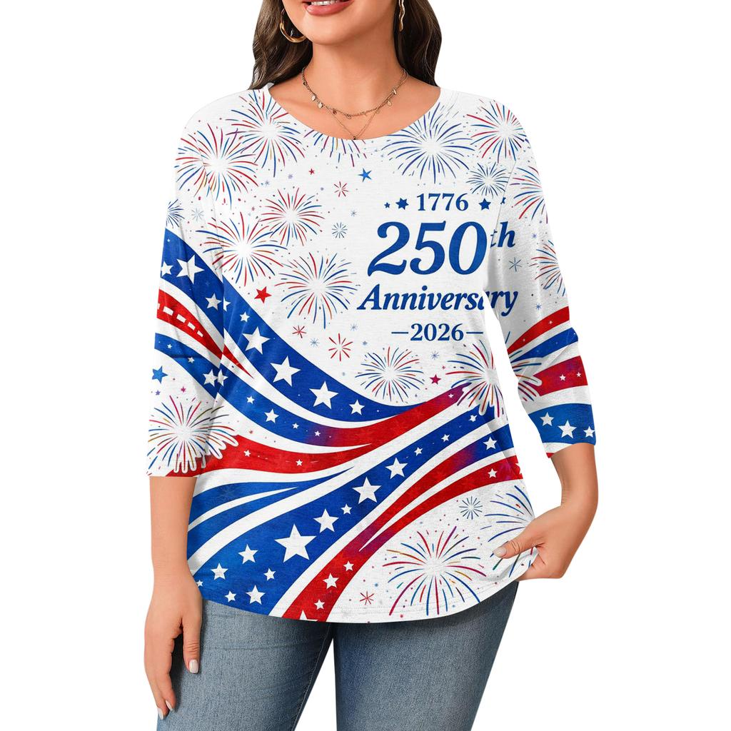 Damen Rundhals 3/4 Ärmel Bedrucktes Oberteil in Übergröße