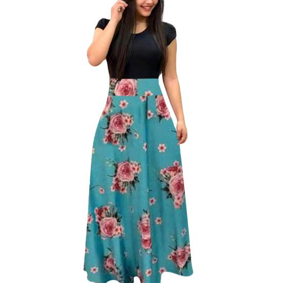 Women Short Sleeve Floral Printed Patchwork Prom Cocktail Large Swing Maxi Dress
