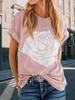 Women's Floral Rose Print Color Block Crew Neck Loose Graphic T Shirt