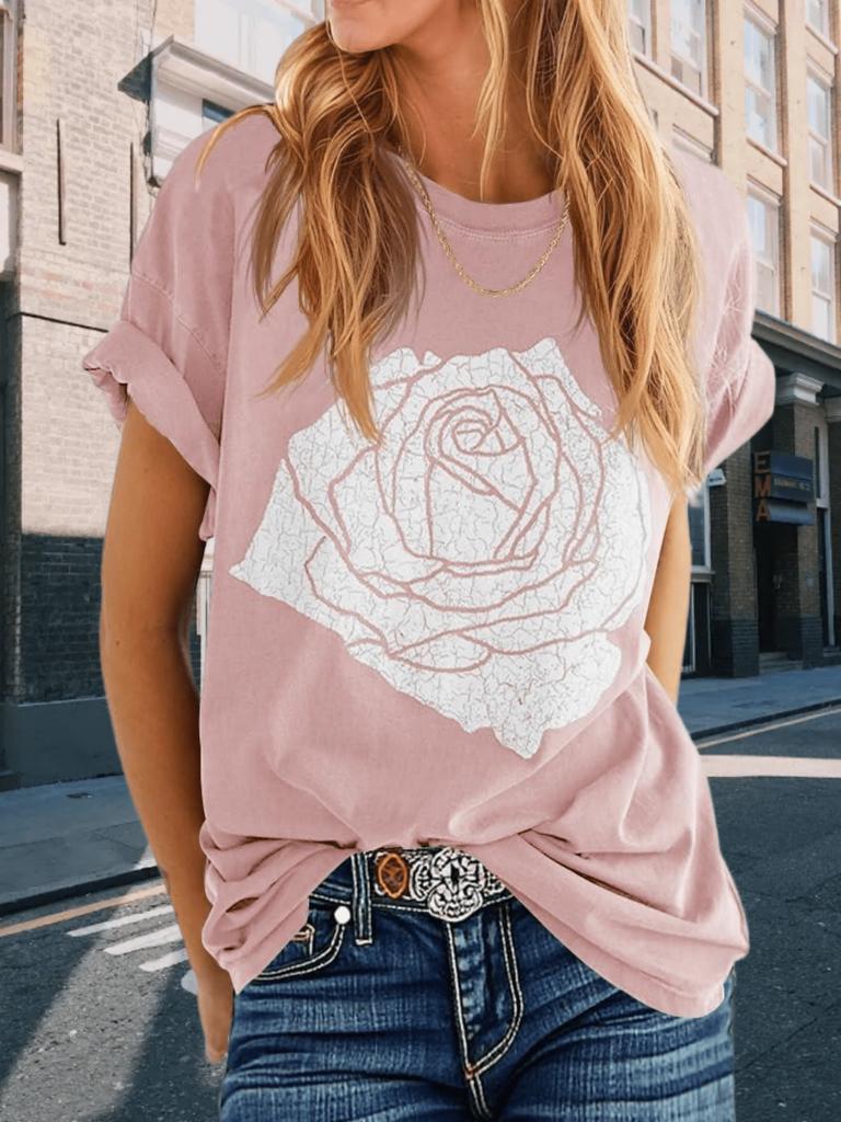 Women's Floral Rose Print Color Block Crew Neck Loose Graphic T Shirt
