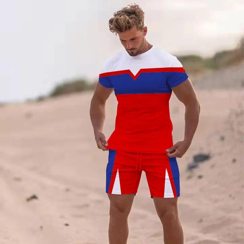 Summer Men Beach T Shirt Tracksuit 2 Piece Sets 3D Print All-Match Sports Short Sleeve Round Neck Casual Style Clothing 6XL