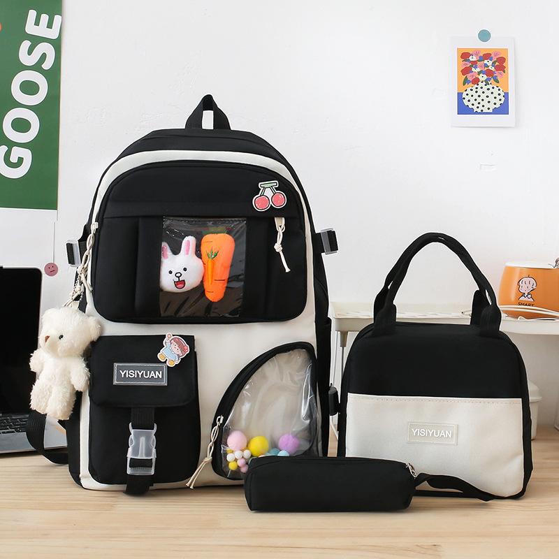 School Bag New Canvas Backpack Women's Small Fresh Contrasting Color Backpack Three-piece Set Junior High School Versatile Campus School Bag Tide