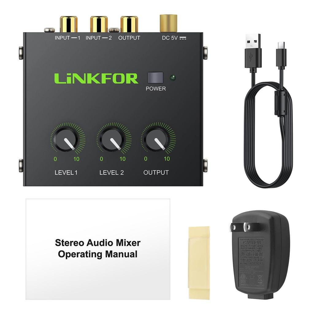 LiNKFOR Audio RCA Mini Stereo Mixer with Volume Metal Japanese Instruction Manual Included Mixer, 2-Channel Control, Gold-Plated Terminals, Case,