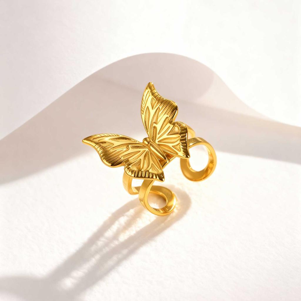Retro Stainless Steel Butterfly Open Ring Gold Plated Geometric Rings for Women Vintage Jewelry Valentine's Day Gift