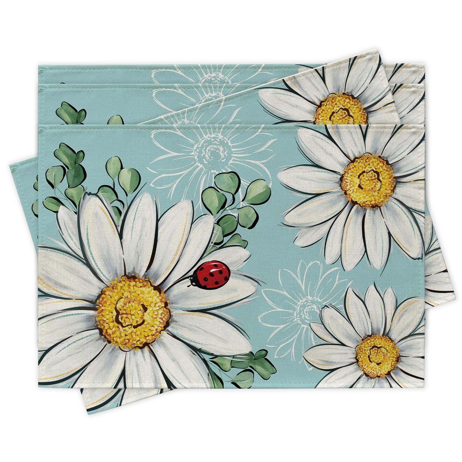 

Spring Summer Daisy Flower Placemats Set of 4, Floral Eucalyptus Leaves Blue Dining Place Mats Table Decor, Ladybug Seasonal Home Kitchen Decoration 1 4Pcs-12 X18