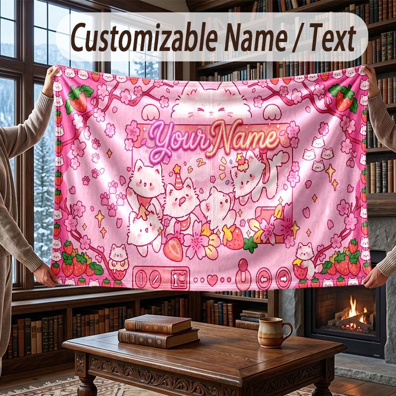 Cat Theme Throw Blanket Custom Name Text Personalized Blanket Soft Cozy Blanket for Home Sofa Bed
