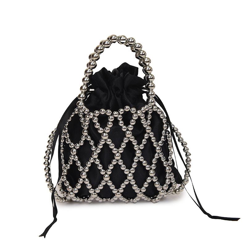 Handmade Beaded Pearl Bucket Phone Bag, Hollow Lace Design Crossbody Purse for Women, Elegant Mini Handbag