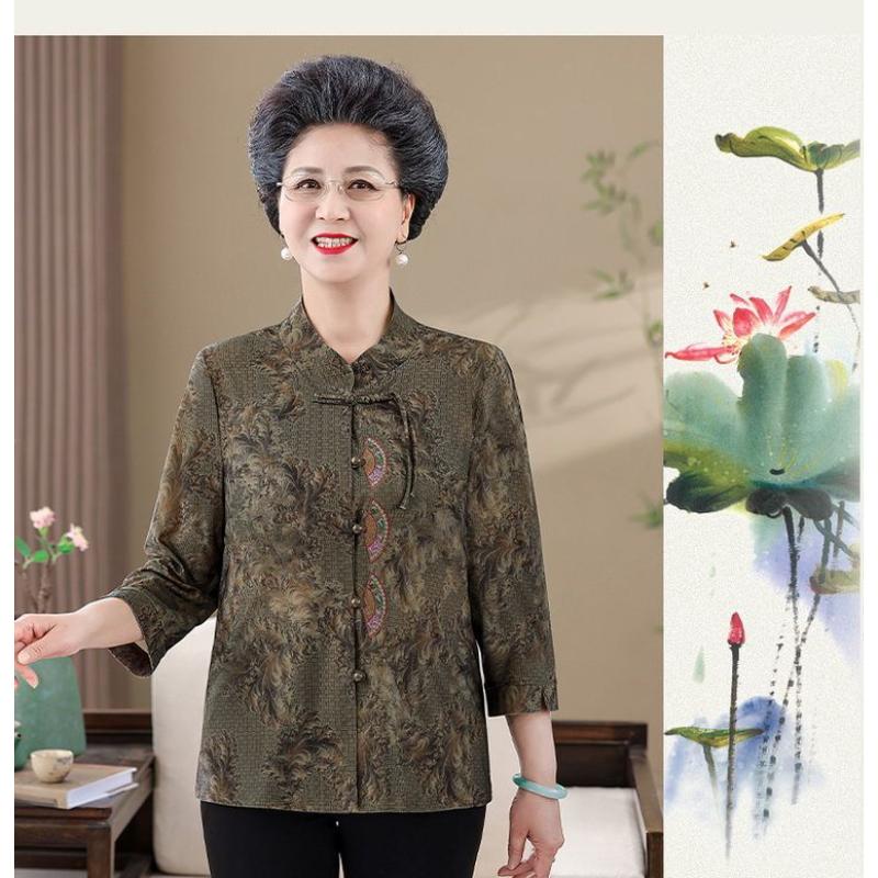 Chinesischer Stil Stehkragen Bluse für Frauen mittleren Alters Elegantes bedrucktes Halbarm Freizeit Oberteil