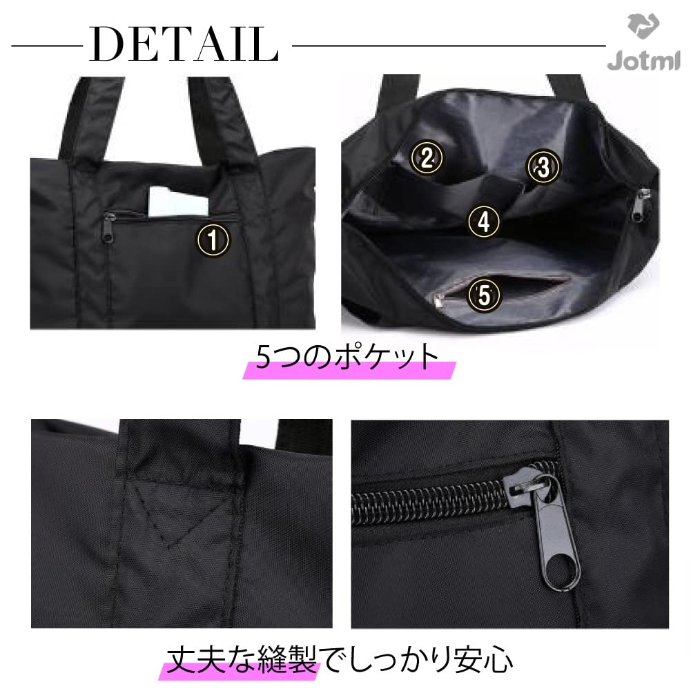 [Jotml] 6-Color Tote Bag, Large Capacity, Nylon, 2-Way, ShoulderHandbag, Unisex, Waterproof (Black)