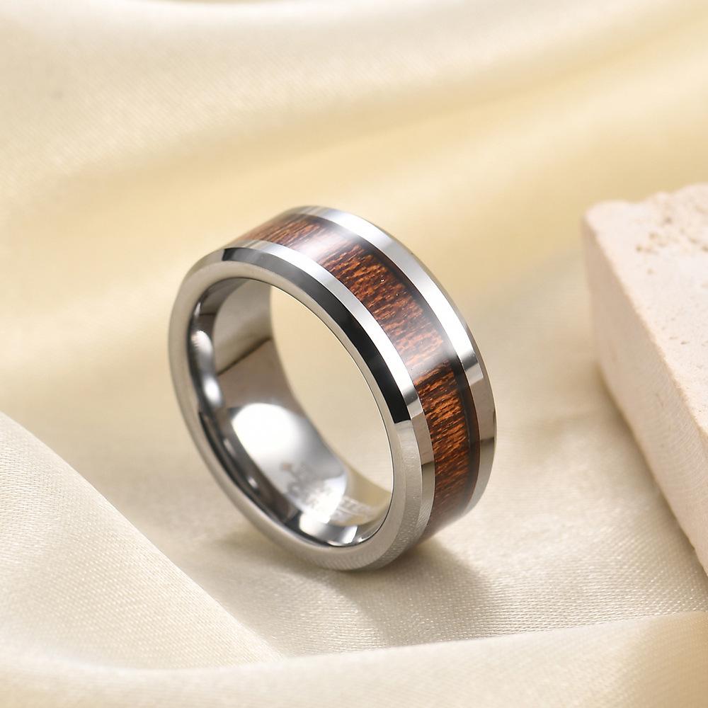 Elegant European & American 8MM Stainless Steel Pinky Ring with Black Wood Grain Size 12
