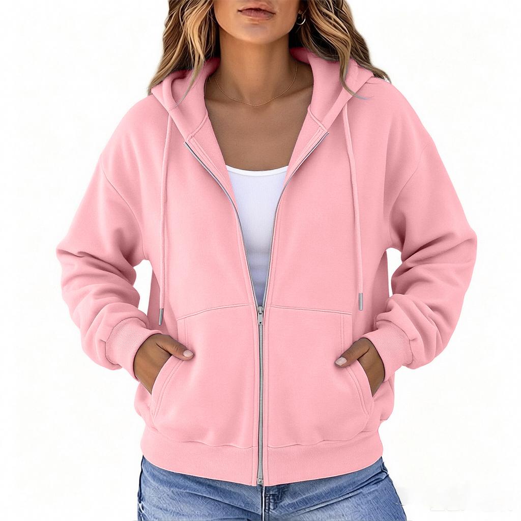 Women's Color Loose Fit Hooded Jacket with Zipper Winter Coat
