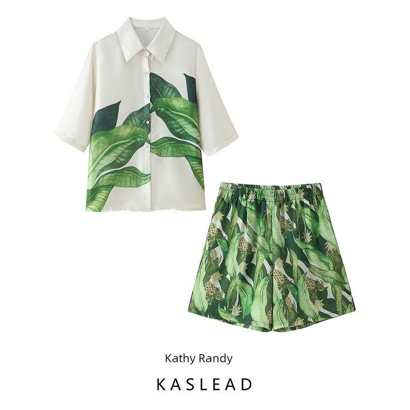 Kaslead New Arrival Women's Fashion Style Lapel Short Sleeve Satin Print Shirt Casual Shorts Suit