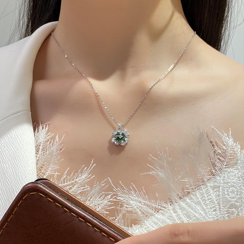 Beautiful High-quality Natural Dangerous Material Jadeite Blue Water Four-leaf Clover Necklace Sterling Silver S925 Premium Collarbone Chain Women