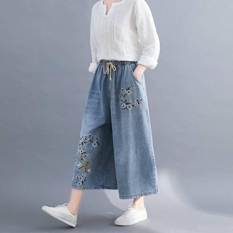 Ethnic Embroidered Flower Wide Leg Pants Women's Skinny Foreign High Waist Jeans Fashion Women Denim Wide Leg Cropped Pants Floral Embroidery Jeans