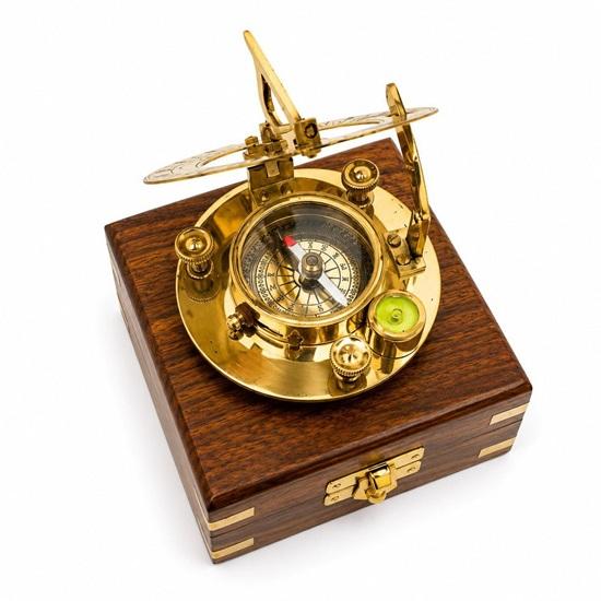 Brass Sundial Compass with Polished Hardwood Box, Compass, Steampunk Navigation Gift, Handmade Brass Collectible