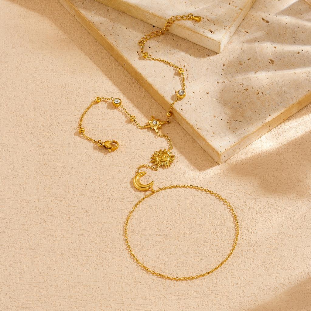 DIEYURO 316L Stainless Steel Exquisite Golden Star Moon Sun Zircon Hand Back Bracelet Women Trend Non-fading Hand Chain Jewelry