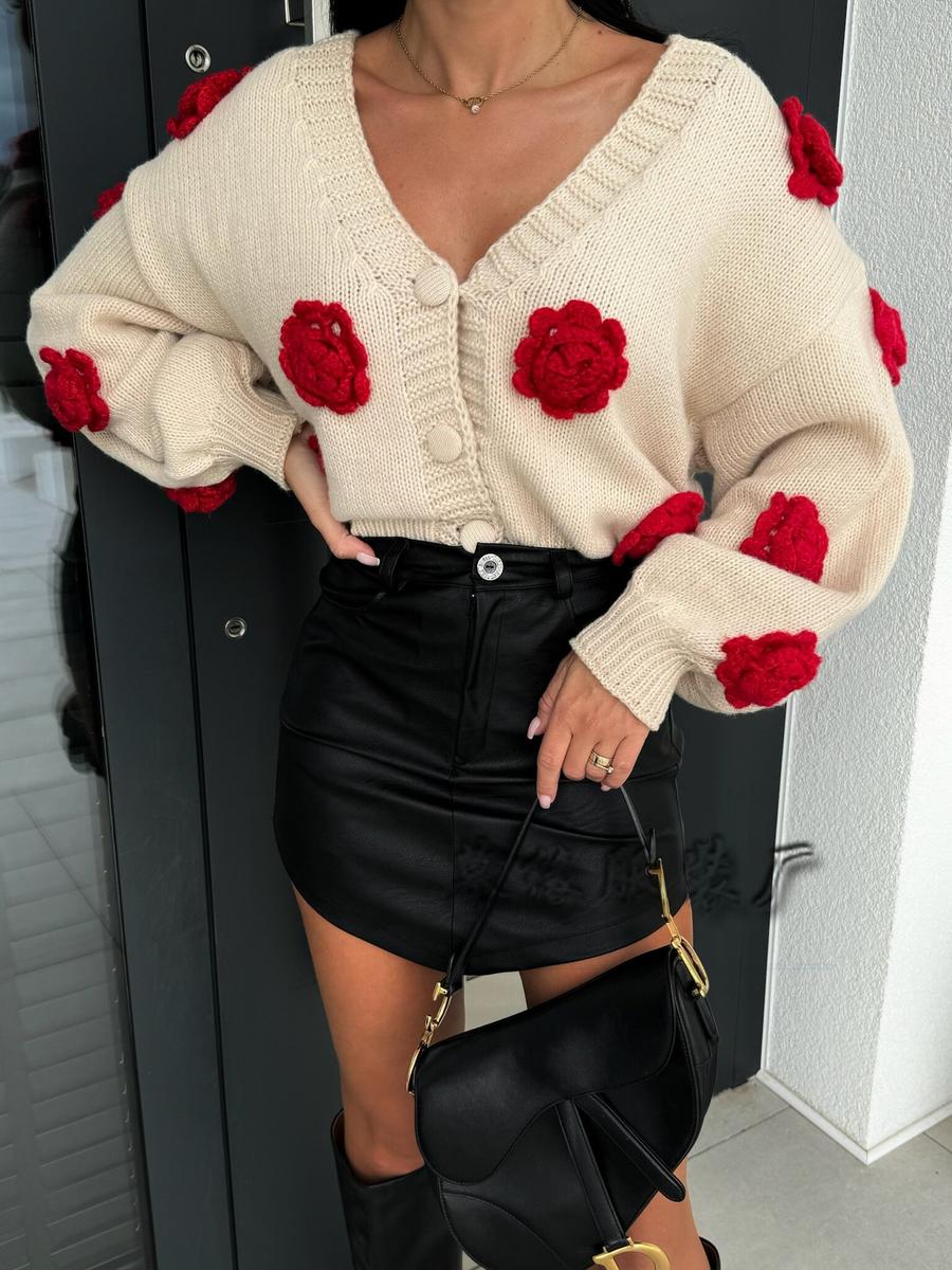 

3D Floral Knit Cardigan for Women Autumn Winter Loose V-Neck Button Fashion Sweater XL абрикосовий
