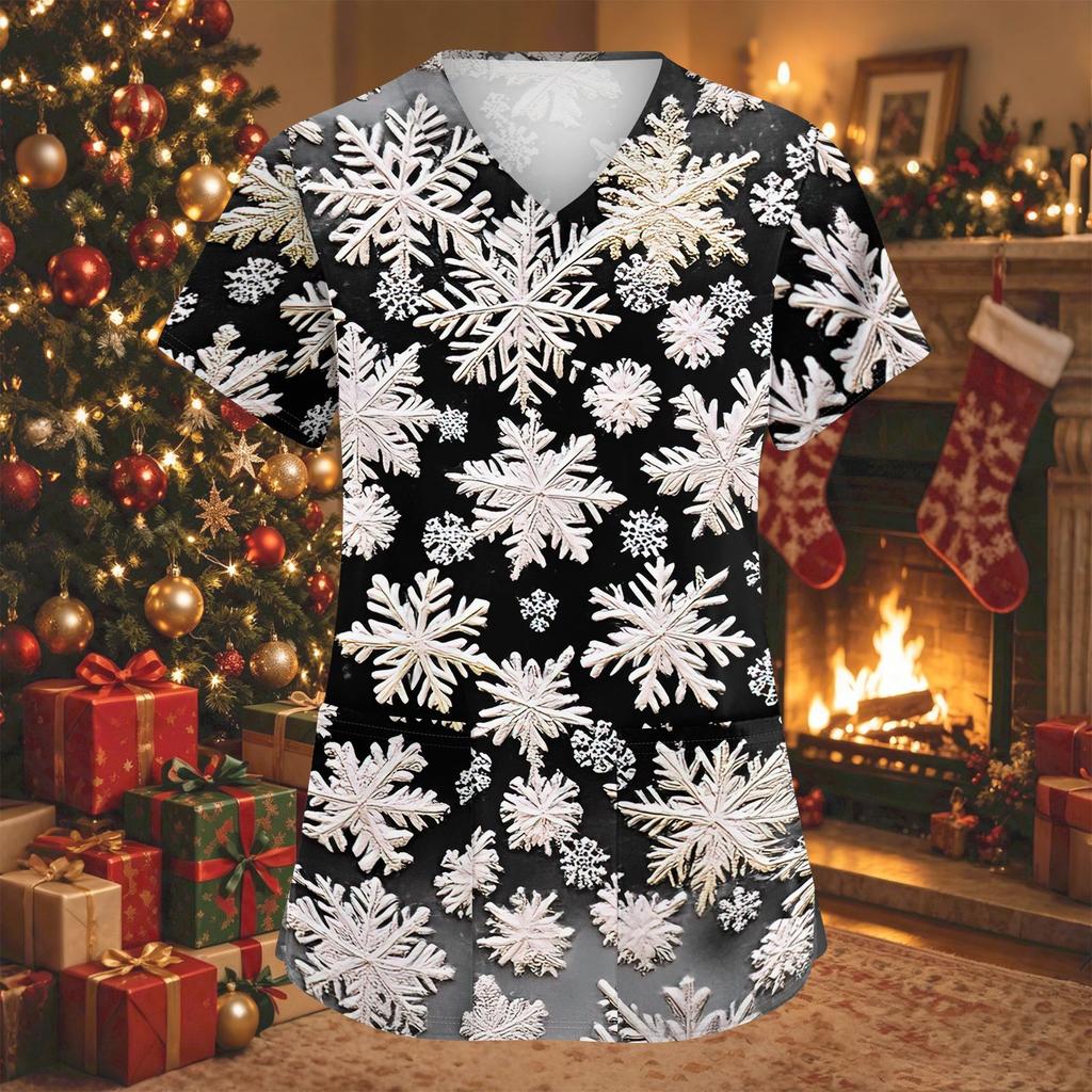 Women's Christmas Print V-Neck Short Sleeve Work Shirt with Pockets Caregiver Uniform Top