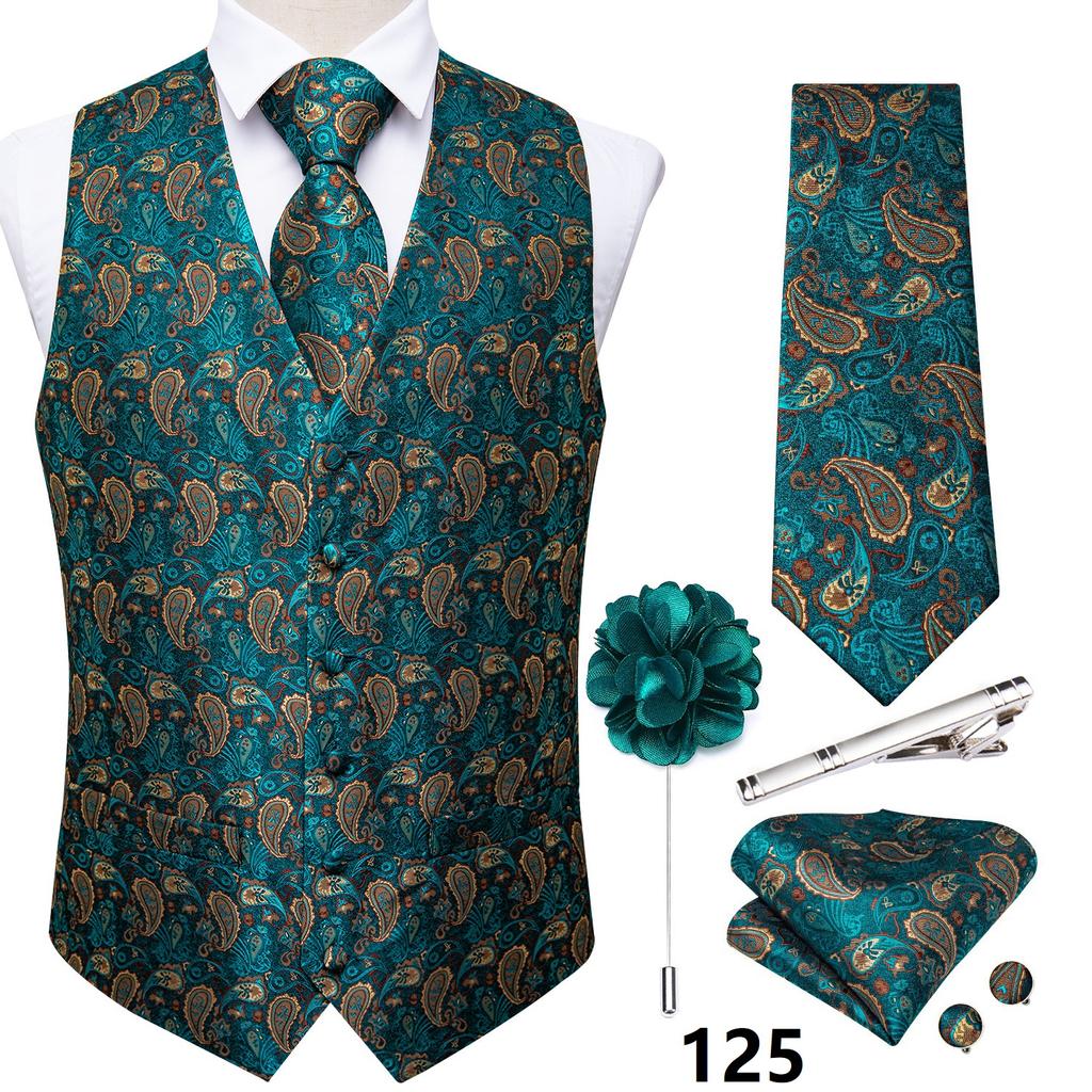 Anzug-Westen-Set für Herren, Schwarz, Rosa, Grün, Paisley-Weste, Krawatte, Einstecktuch, Manschettenknöpfe, Blumen-Corsage, Silberne Krawattenklammer, Hochzeit, Business