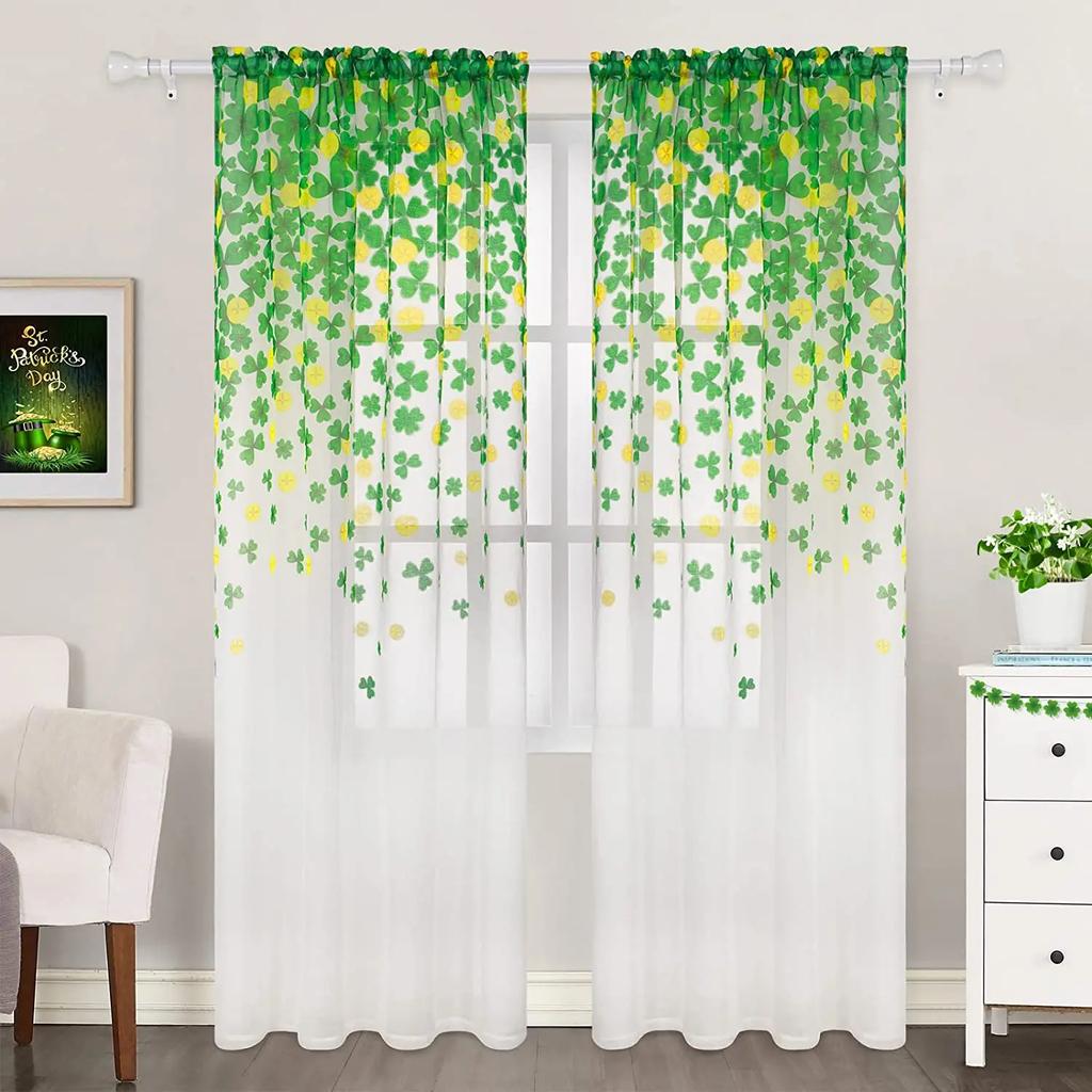 St Patrick Day Curtains Living Room Kitchen Clover Leaves Tulle Luck Wealth Irish Design Chiffon Curtain Light Filtering Polyester Area Window