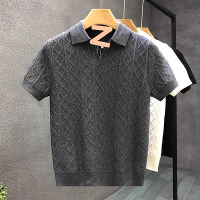 Light Luxury Rhombus Jacquard Short-Sleeved Polo Shirt Men'S Business High-End Slim-Fitting Lapel-Neck Knitted T-Shirt