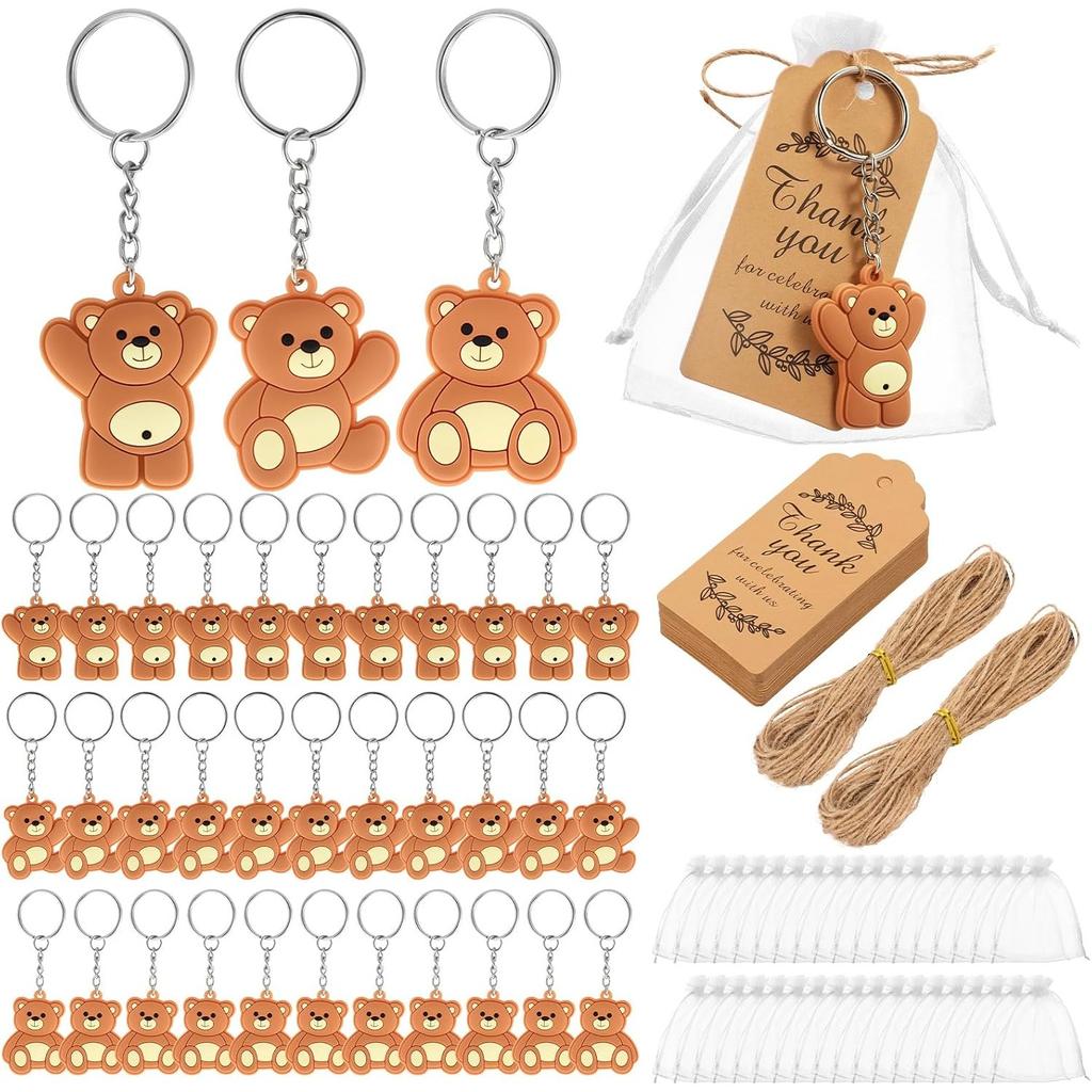 120 Pcs Bear Baby Shower Favor Bear Party Favor Cute Keychain with Organza Bag, Thank You Paper Tag and Rope for Guest Girl Boy Birthday Party Supply