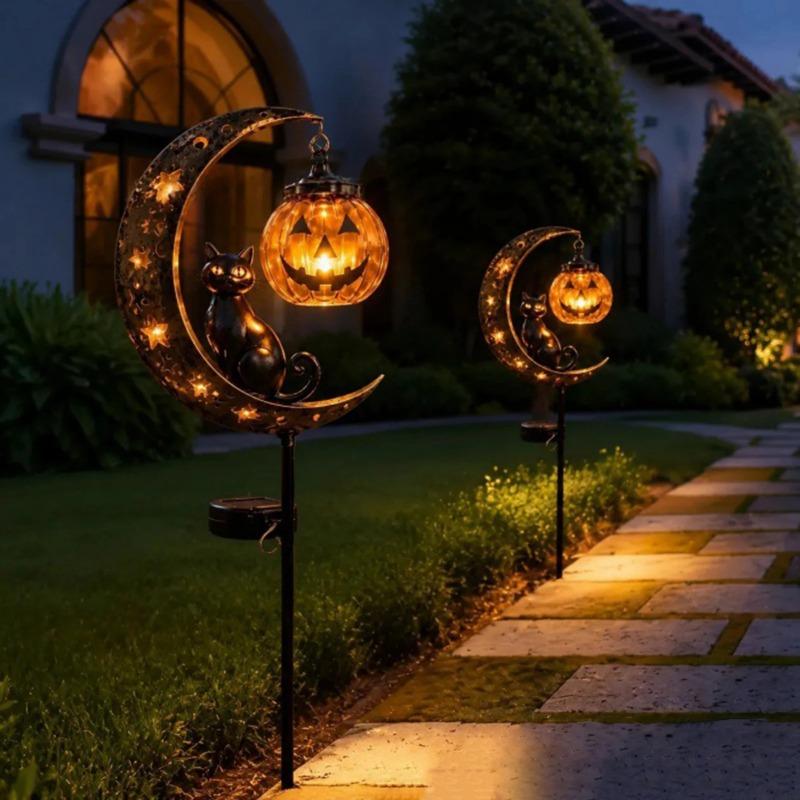Iron Black Cat Moon Ground Lamp Waterproof Solar Garden Light Auto On/Off for Outdoor Lawns Courtyards Yards Patio Pathway Halloween Decor