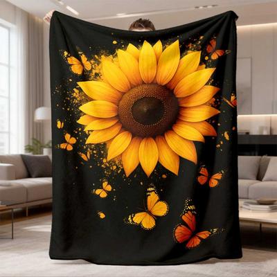 2026 New Arrival Flannel Blanket Luxurious Flannel Blanket UltraSoft Sunflower & Butterfly Floral Throw, Black Background with Yellow Sunflowers AllSe