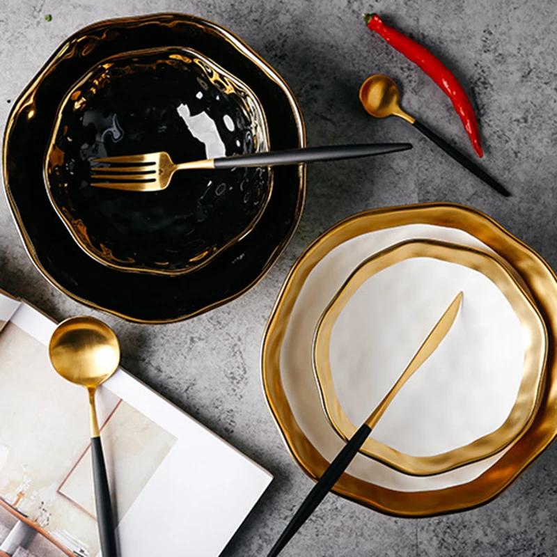 Ceramic White Steak Plate With Gold Edge Breakfast Tray Retro Bowl Dessert Pasta Dishes Western Food Container Ramen Bowl 1pcs