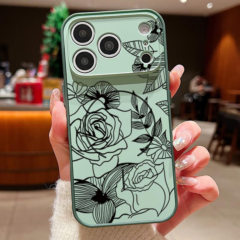 Case For iPhone 17 Pro Max Line Rose Flowers Leaves Pattern Magnetic For Magsafe Hybrid Slim Matte Cover For iPhone 16 15 14 13 Pro Max