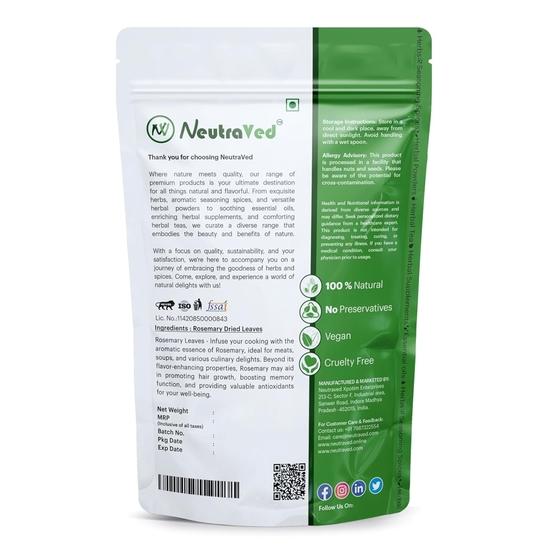 NeutraVed Rosmarin Getrocknete Blätter (50 g) | Bio | Für Haarwachstum, Reduziert Schuppen & Würzen von Speisen | Kräutertee, Mediterrane Küche & DIY-Öl