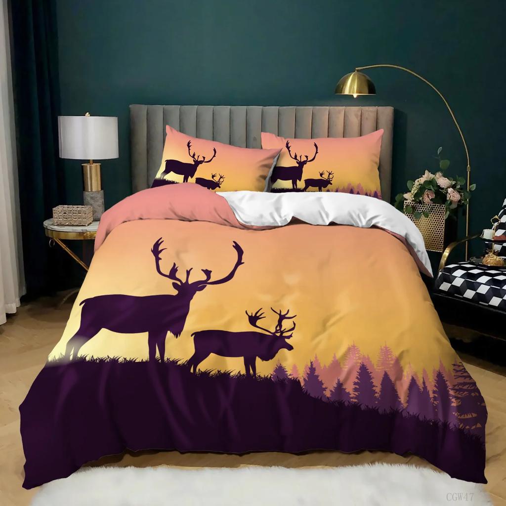 Deer Duvet Cover King/Queen Size,wildlife Bucks Fire Pattern Print Bedding Set For Teens Adults Men,Brown Elk Animal Quilt Cover