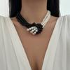 Multi-layer imitation pearl necklace, fashionable literary and retro black and white color matching jewelry, high-end women's collar