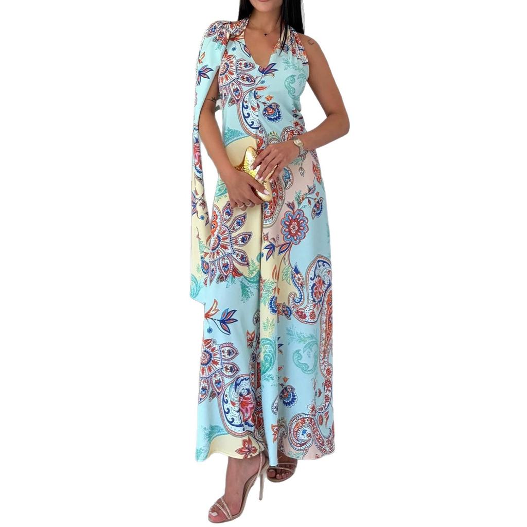 Women's clothing summer new niche design sense printing deep V neck streamer backless waist wide pendulum dress