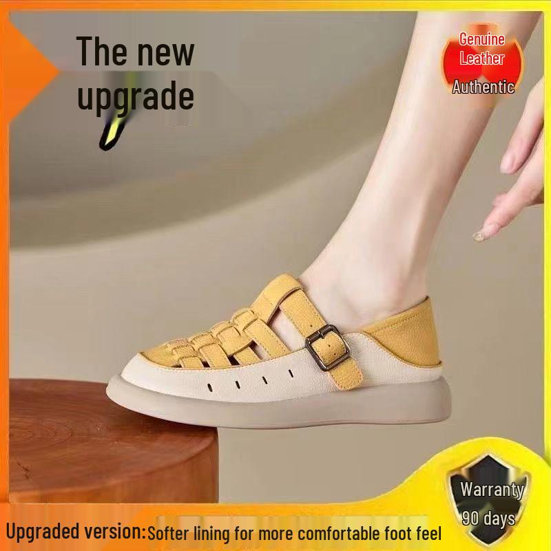 Sandalias Retro de Cuero Suave Transpirable de Punta Cerrada para Mujer Verano 2025