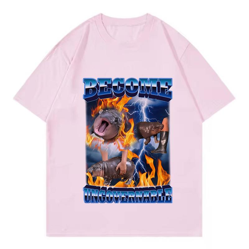 Moo Deng Unisexs Funny Become Unstoppable Pygmy Hippo Graphic TShirt  Retro Cartoon Design White Short Sleeve Round Neck