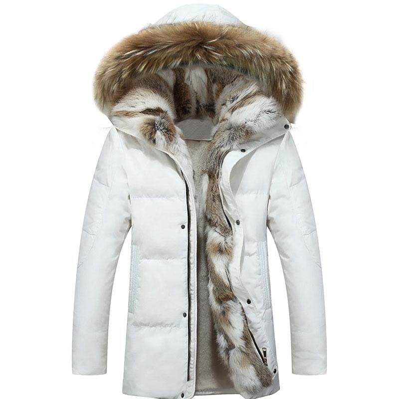 Winter Style Men Boutique Down Coat Detachable Rabbit Fur Collar White Duck Down Men's Solid Jackets Plus Size S-5XL