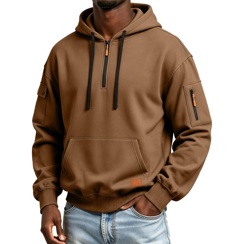 Men's Color Hooded Sweatshirt with Leather Patch and Pockets, Comfortable Casual Everyday Pullover