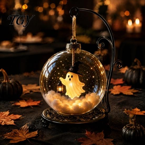 Spooky Pumpkin Ball Decor Halloween Clear Hanging Decoration, Glowing Sphere Ornament with Skeleton, Transparent Pumpkin, Spider Web, Black Cat Decor,