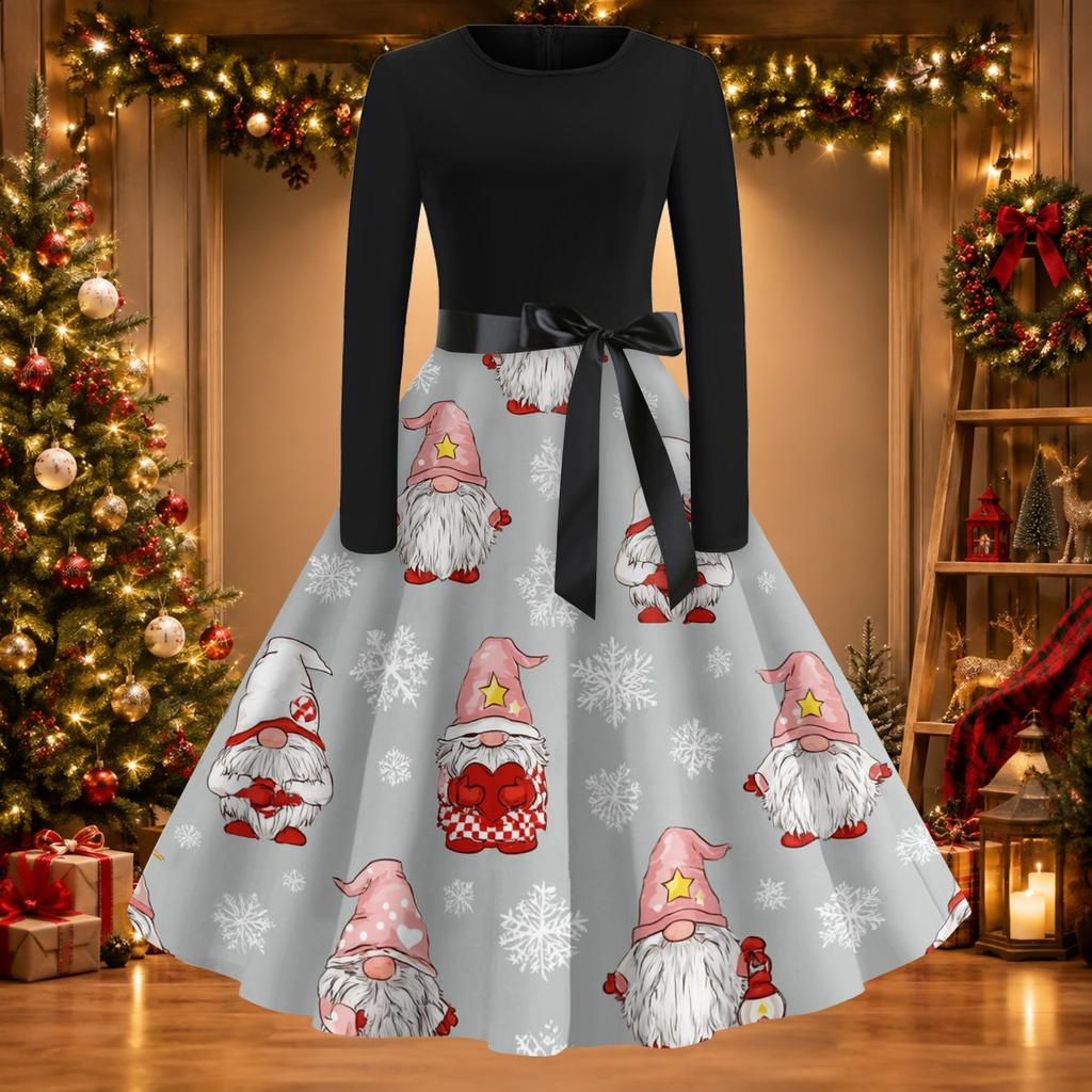 Women's Casual Vintage Christmas Print Neck Dress
