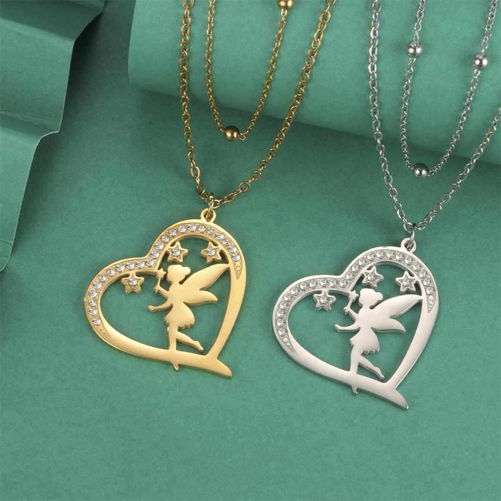 Heart Shaped Elves Fairy Pendant Necklace Stainless Steel Flower Angel Pixie Necklaces Rhinestones Birthday Jewelry Gift
