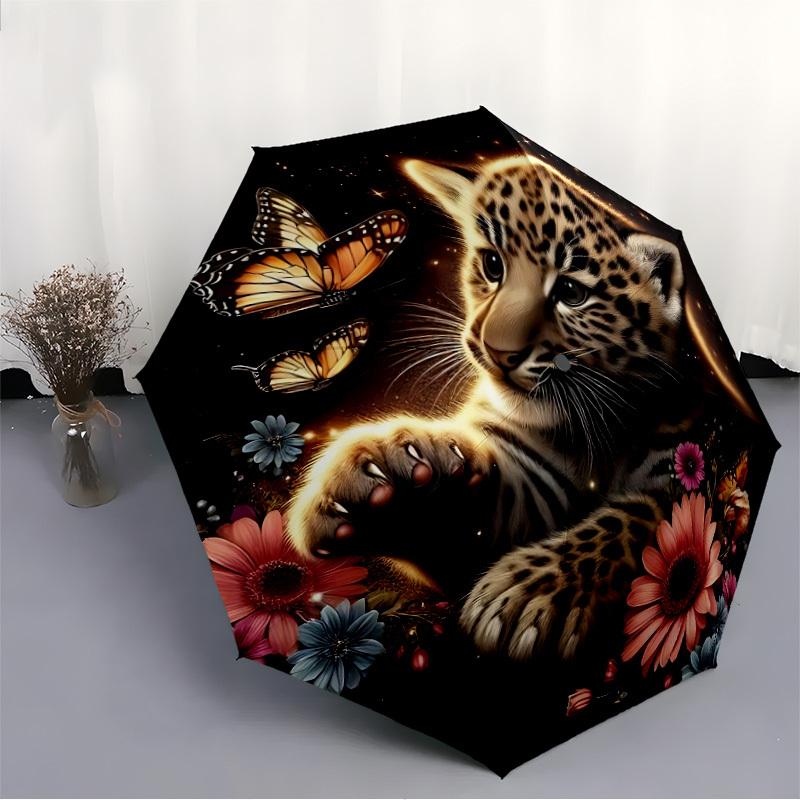 1pc Leopard Flowers Butterflies Print Automatic Open/Close Umbrella with Windproof, 8-Rib Sturdy Canopy, Durable Ribs, Ideal for Gifts yy251117012