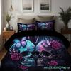 3D-gedrucktes schwarzes Totenkopf-Skelett-Bettwäscheset Bunte Vintage-Rosen-Bettbezug Luxuriös Weich Zuhause Hippie-Stil Bettbezugsets