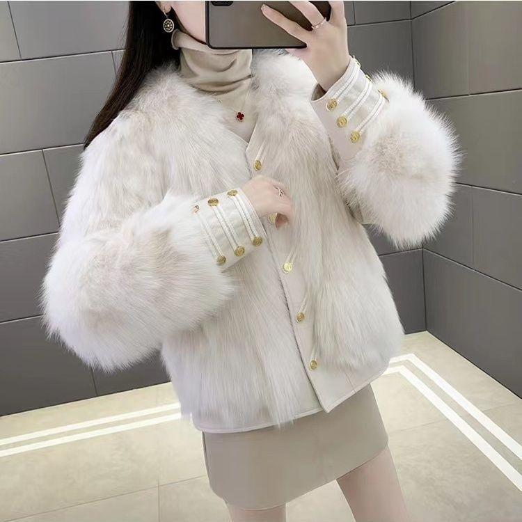 New imitation fox fur jacket winter temperament leather jacket short 2024 crew neck cotton coat young