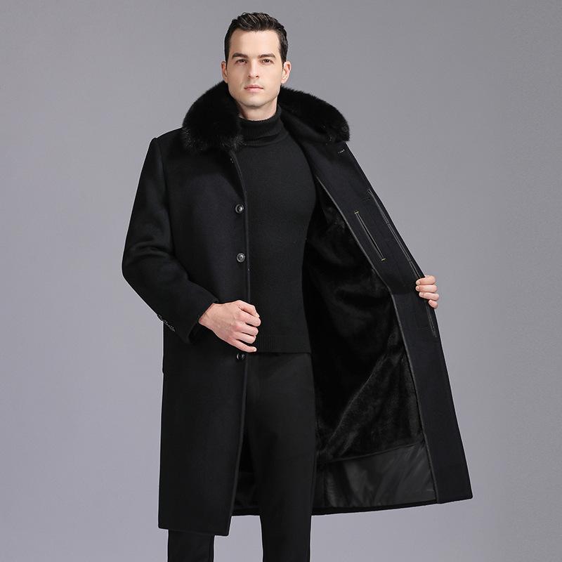 Middle-aged and Elderly Men's Removable Woolen Woolen Woolen Coat with Real Fur Collar and Velvet Thickened Daddy Coat