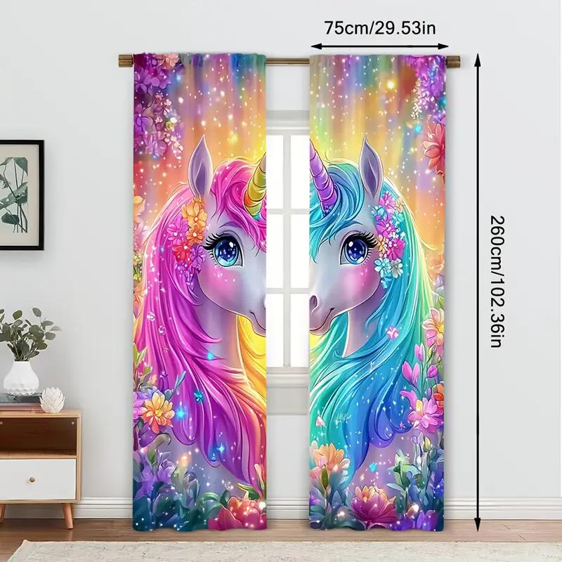 2 Stück - Magische Einhorn-Blumenmuster-Vorhänge   Stangentaschen-Vorhänge   Schlafzimmer und Wohnzimmer   Heimdekoration   Raumdekoration